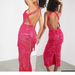 Asos pink fringe halter party dress